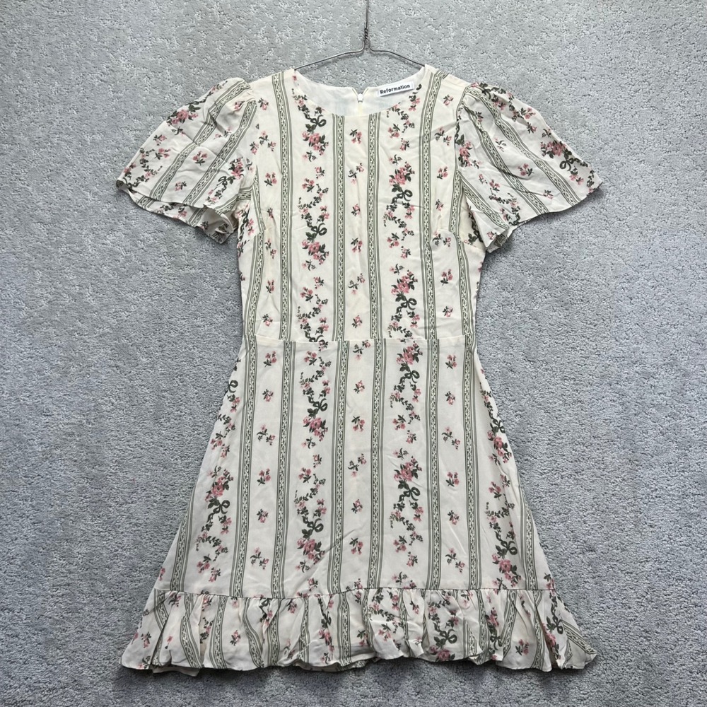Reformation Beesly Mini Dress Womens 4 Heath Floral Striped Puffer Sleeve USA